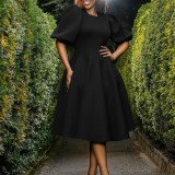 Round neck temperament bubble sleeve waist large swing light style A-line dress
