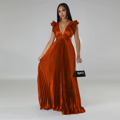 Imitation silk sexy backless deep V pleated dress