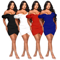 Solid color petal sleeve sexy waistband fishbone dress Solid color petal sleeve sexy waistband fishbone dress