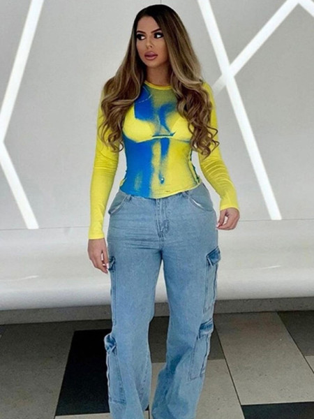Fashion printing slim round neck long sleeve top