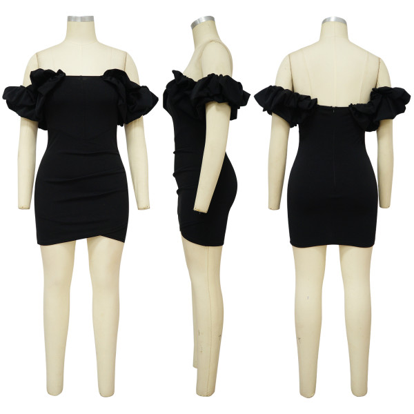 Solid color petal sleeve sexy waistband fishbone dress