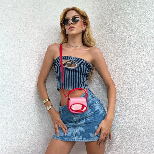 Women's fashion stripe print panel cut-out slim wrap chest top