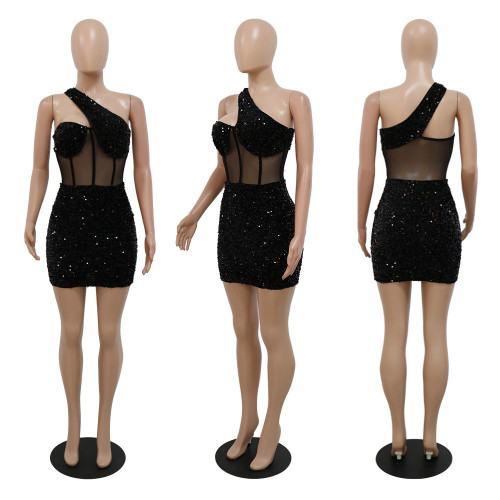 Sexy diagonal neck sequin patchwork polyester nightclub party buttock dress