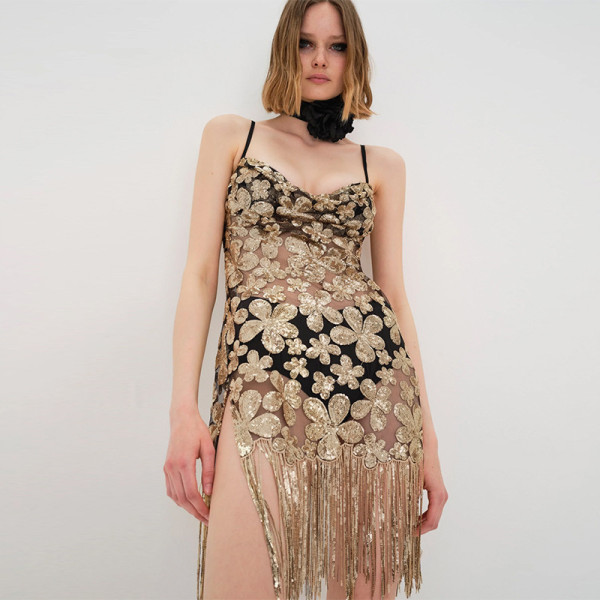 Floral bead glittering tassel vintage dress sexy slim party dress suspender skirt