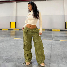 Loose large pocket zippered woven trousers with elastic waist drawcord hem casual pants