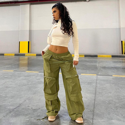 Loose large pocket zippered woven trousers with elastic waist drawcord hem casual pants