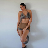 Fur patchwork lace-up vest, buttock wrap skirt suit, hot girl sexy two-piece set