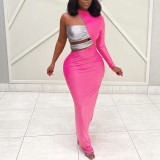 Contrast cut-out one-sided sleeve temperament sexy dress