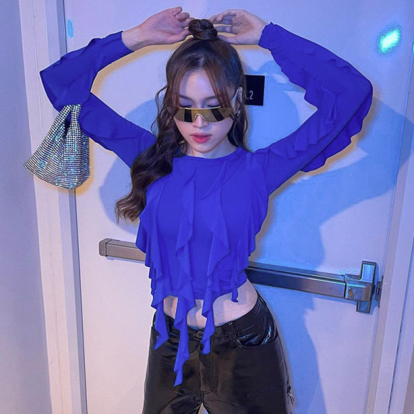 Fashion personality street trendsetter round neck long sleeve slim t-shirt top