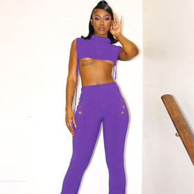 Women's solid color threaded hollow lace tight yoga suit