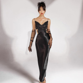 French style bowknot suspender cut-out dress slim sexy black dress dress