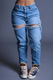 Loose high-waisted wide leg ripped jeans casual pants