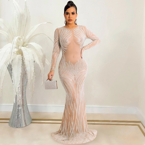 Sexy hot diamond gauze perspective long-sleeved dress