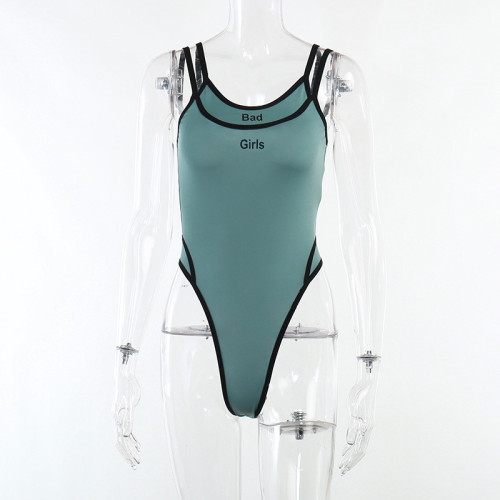 Fashion sexy hot girl color contrast letter print suspender tight-fitting versatile one-piece