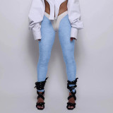 Simple and characteristic leather panel contrast V-neck fake two-piece tights