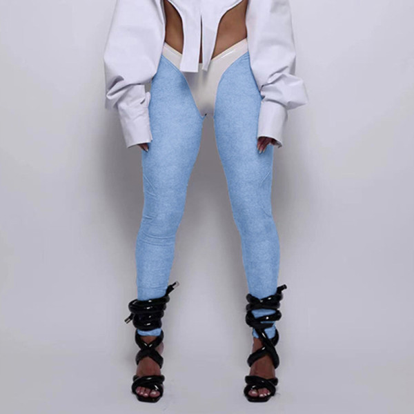 Simple and characteristic leather panel contrast V-neck fake two-piece tights