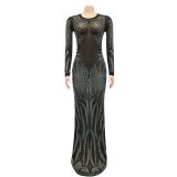 Sexy hot diamond gauze perspective long-sleeved dress
