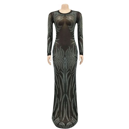 Sexy hot diamond gauze perspective long-sleeved dress