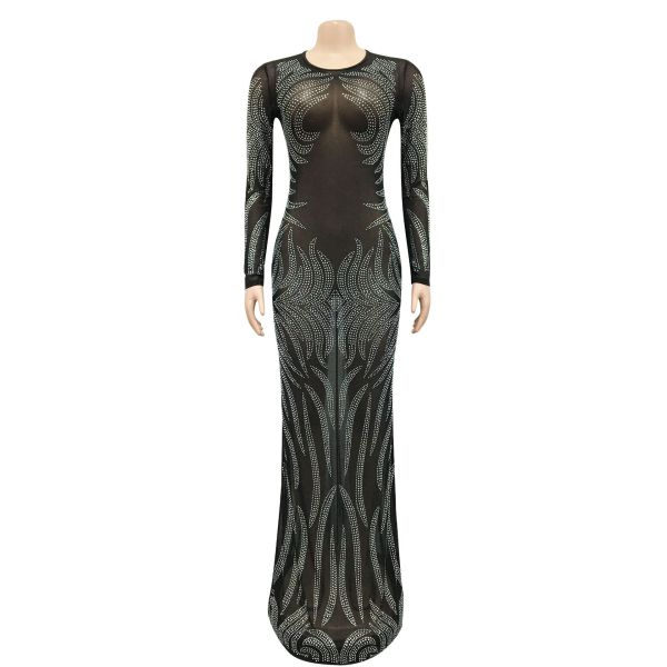 Sexy hot diamond gauze perspective long-sleeved dress