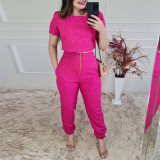 Fashion casual suit, round neck, short sleeve shirt, high waist, leg pants, two-piece set