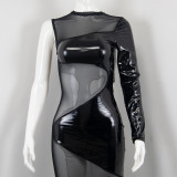 Sexy one-shoulder long-sleeved bright leather symmetrical mesh long dress