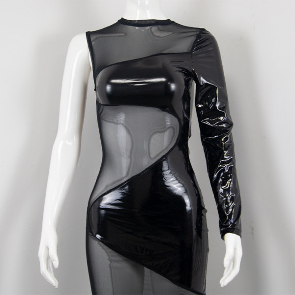 Sexy one-shoulder long-sleeved bright leather symmetrical mesh long dress