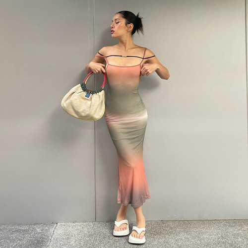 Tie-dyed suspender sleeveless slim high waist stepmother dress
