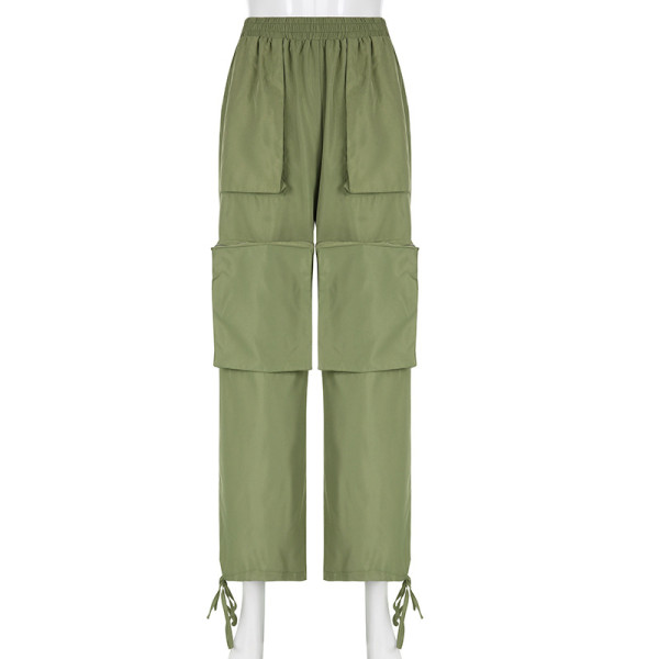 Loose large pocket zippered woven trousers with elastic waist drawcord hem casual pants