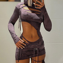 Fashionable slim waste earth hooded long-sleeved tie-dyed irregular hollow top suit