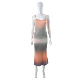 Tie-dyed suspender sleeveless slim high waist stepmother dress