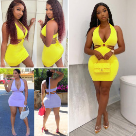 Deep V-neck sexy backless strapping neck lifting hip dress