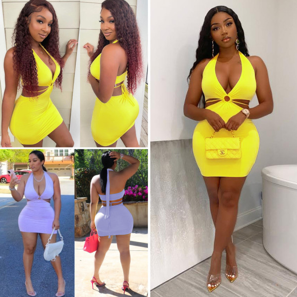 Deep V-neck sexy backless strapping neck lifting hip dress
