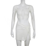 Temperament casual women's mesh flocked square neck zipper irregular open navel split skirt suit