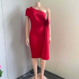 One-shoulder solid color temperament commuting bow large size dress dress dress