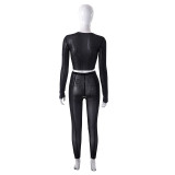 Perspective mesh long-sleeved top, slim pants, hot girls suit