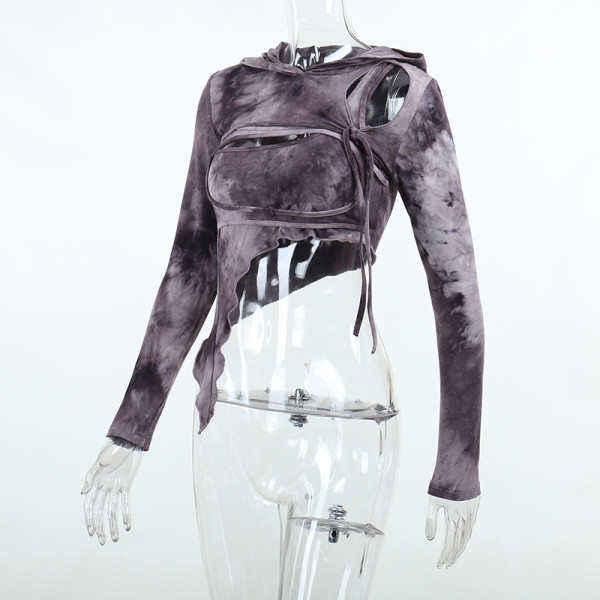 Fashionable slim waste earth hooded long-sleeved tie-dyed irregular hollow top suit