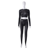 Perspective mesh long-sleeved top, slim pants, hot girls suit
