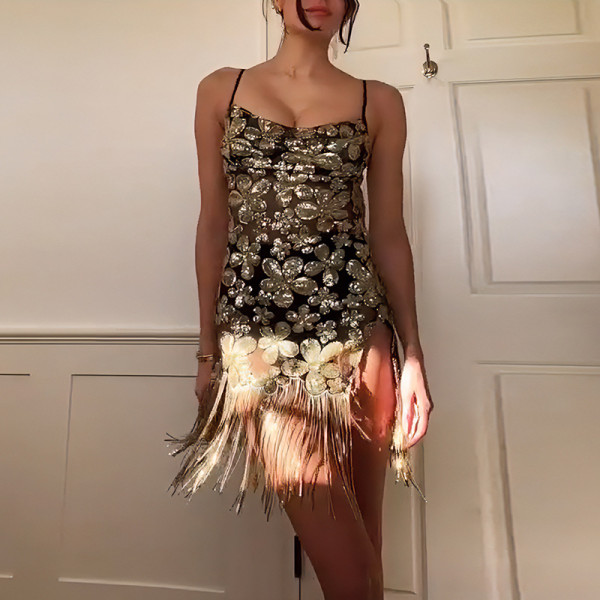 Floral bead glittering tassel vintage dress sexy slim party dress suspender skirt