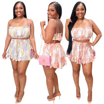 Two pieces of sexy printing shorts with black ear edge bra and bow Two pieces of sexy printing shorts with black ear edge bra and bow