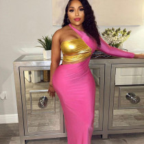 Contrast cut-out one-sided sleeve temperament sexy dress Contrast cut-out one-sided sleeve temperament sexy dress