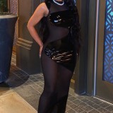 Sexy one-shoulder long-sleeved bright leather symmetrical mesh long dress