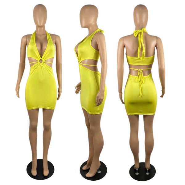 Deep V-neck sexy backless strapping neck lifting hip dress