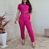 Fashion casual suit, round neck, short sleeve shirt, high waist, leg pants, two-piece set