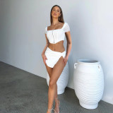 Temperament casual women's mesh flocked square neck zipper irregular open navel split skirt suit