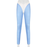 Simple and characteristic leather panel contrast V-neck fake two-piece tights