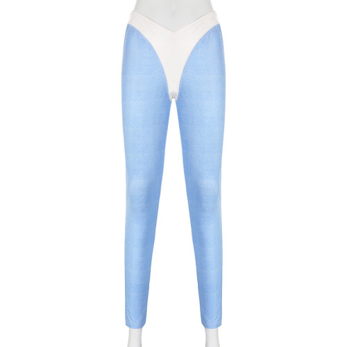 Simple and characteristic leather panel contrast V-neck fake two-piece tights