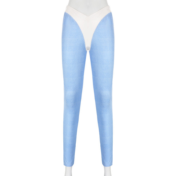 Simple and characteristic leather panel contrast V-neck fake two-piece tights