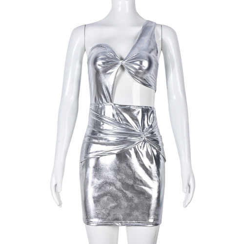 Diagonal neck cut-out metallic buttock sexy dress