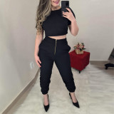 Fashion casual suit, round neck, short sleeve shirt, high waist, leg pants, two-piece set