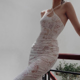 Jacquard hanging neck perspective split dress sexy cut-out temperament slimming buttock skirt
